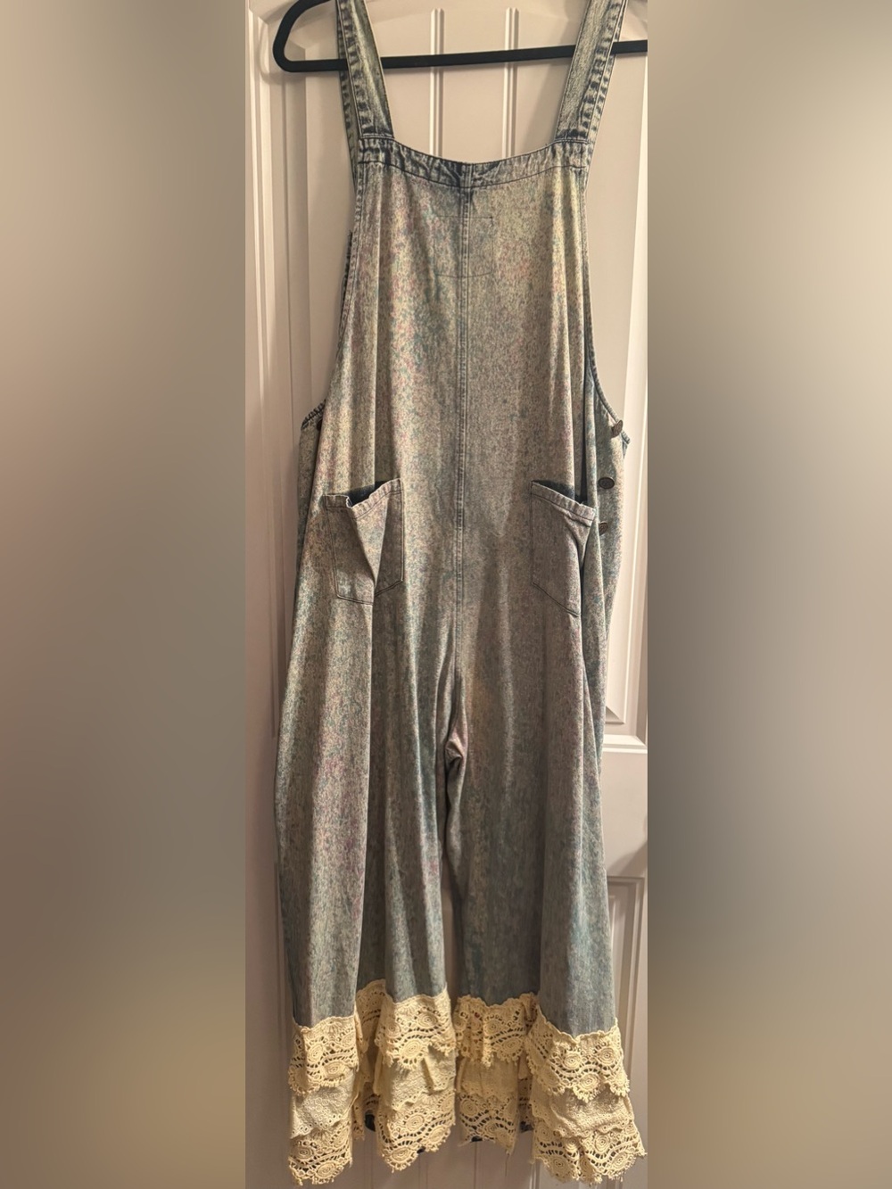 A Rare Bird Boho Lace-Trim Denim Overalls in Faded Blue Cream Lace One Size NWT - Picture 5 of 5
